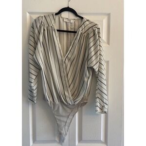 ASTR The Labe Womens XL Striped Long Sleeve Wrap Bodysuit Deep‎ V Neck Going Out